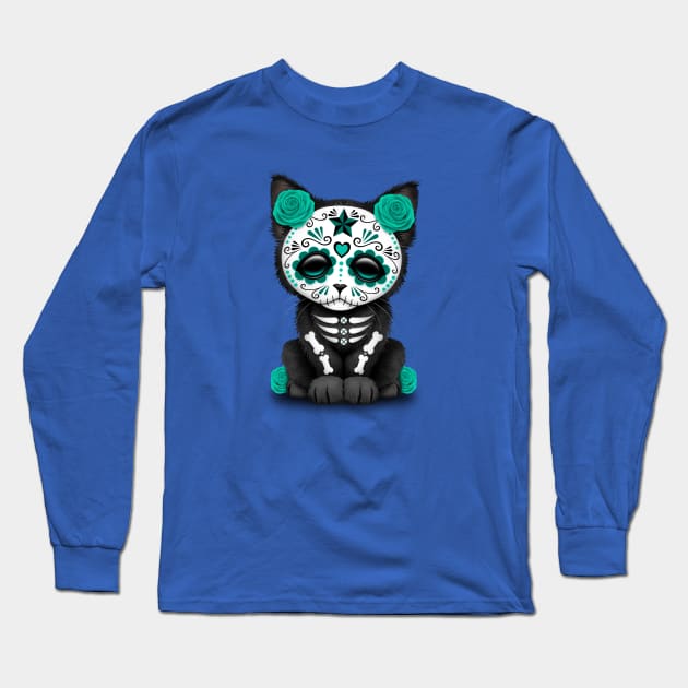 Cute Teal Blue Day of the Dead Kitten Cat Long Sleeve T-Shirt by jeffbartels